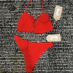 Black Crochet Bikini with Cream Floral Accent